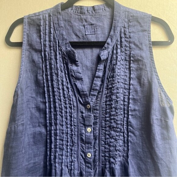 120% Lino EAC blue linen sleeveless ruffle button up blouse Sz 46 S/M - Picture 4 of 9